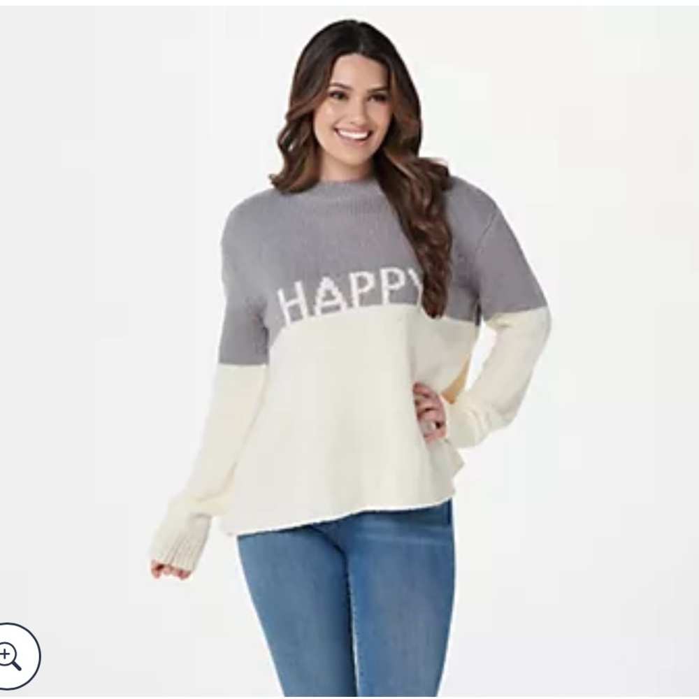 Peace Love World Intarsia Sweater Gray White HAPPY Oversized Cotton Blend Lg